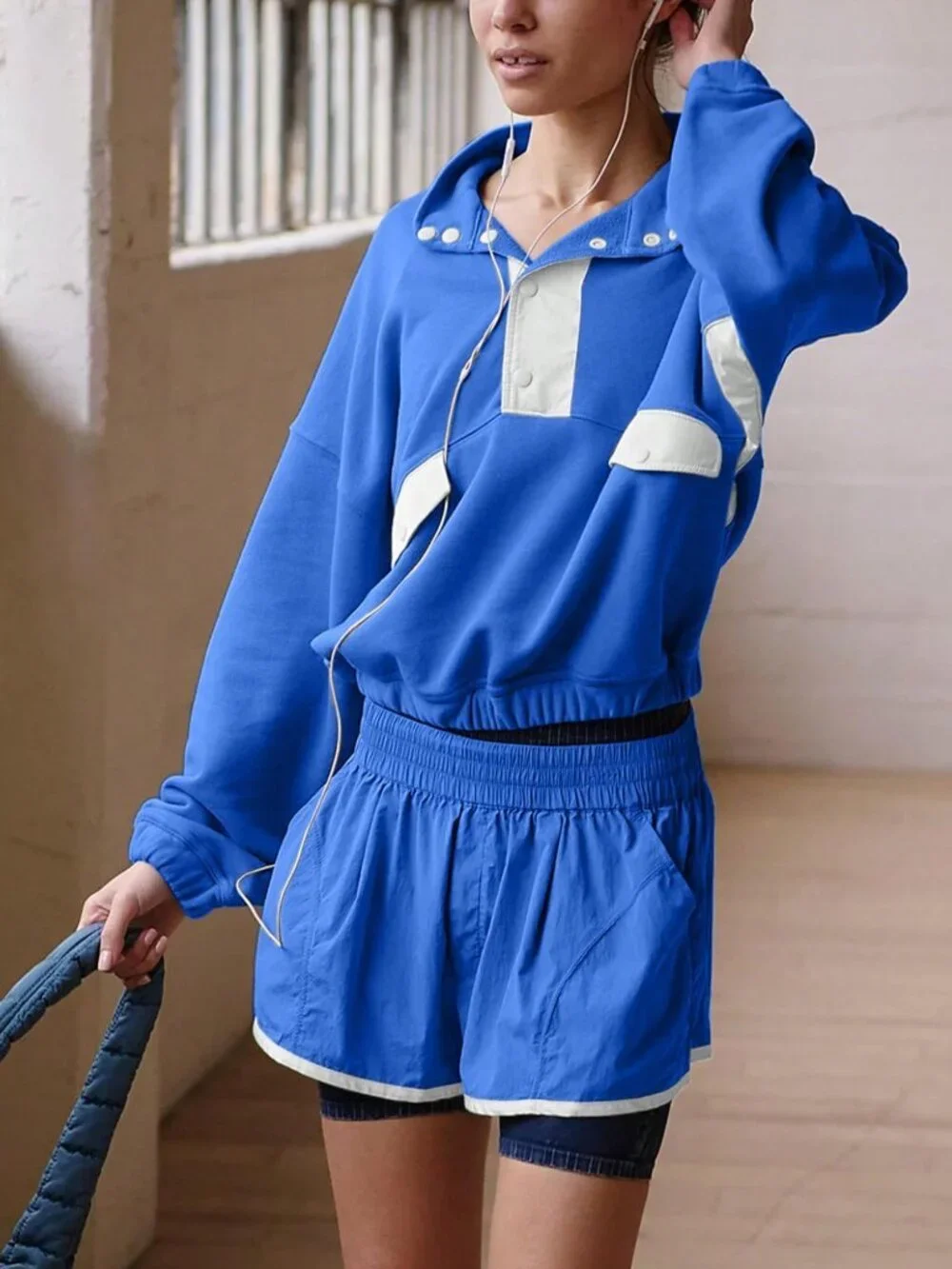 Blue Casual Women's Top & Shorts Two Piece Set